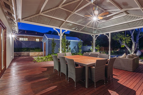 Pyramid patio with tin roof and decking